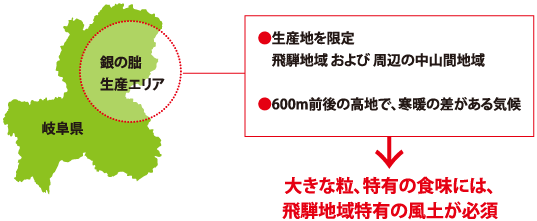 ●生産地を限定飛騨地域 および 周辺の中山間地域●600m前後の高地で、寒暖の差がある気候大きな粒、特有の食味には、飛騨地域特有の風土が必須